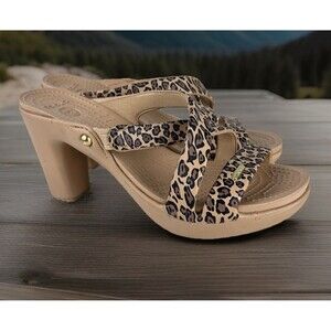CROCS Cyprus IV Women’s 8 Beige Leopard Slides High Heels Sandals